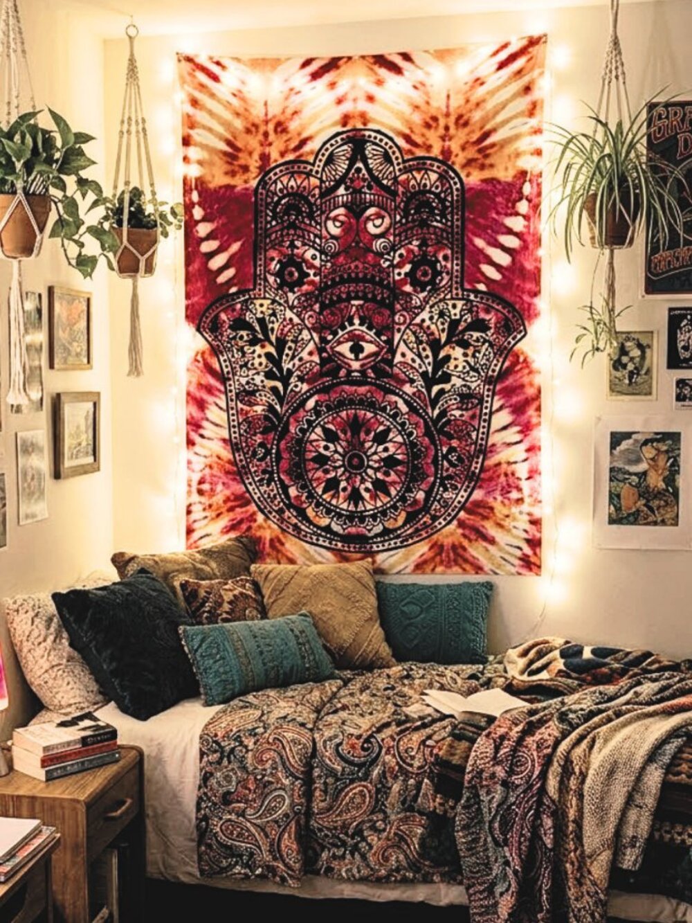 Hamsa Hand Mandela Evil Eye Orange Pink Tie Dye Effect Cotton Wall Tapestry Boho